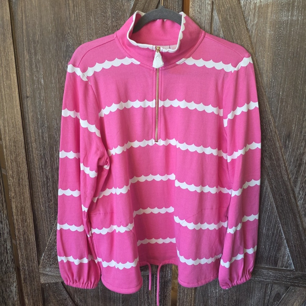 Belle Kim Gravel Sweatshirt Women's Size Medium Hot Pink & White Waves 1/4 Zip